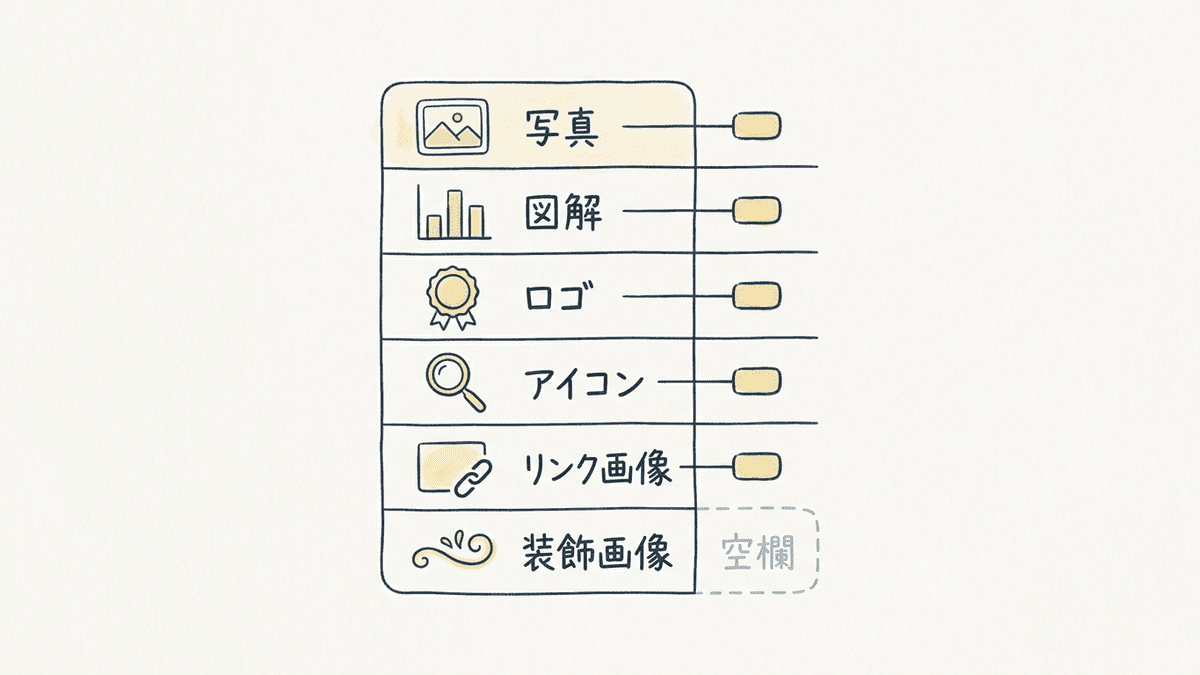 画像の種類ごとにaltへ書く内容が変わることを示した対応図