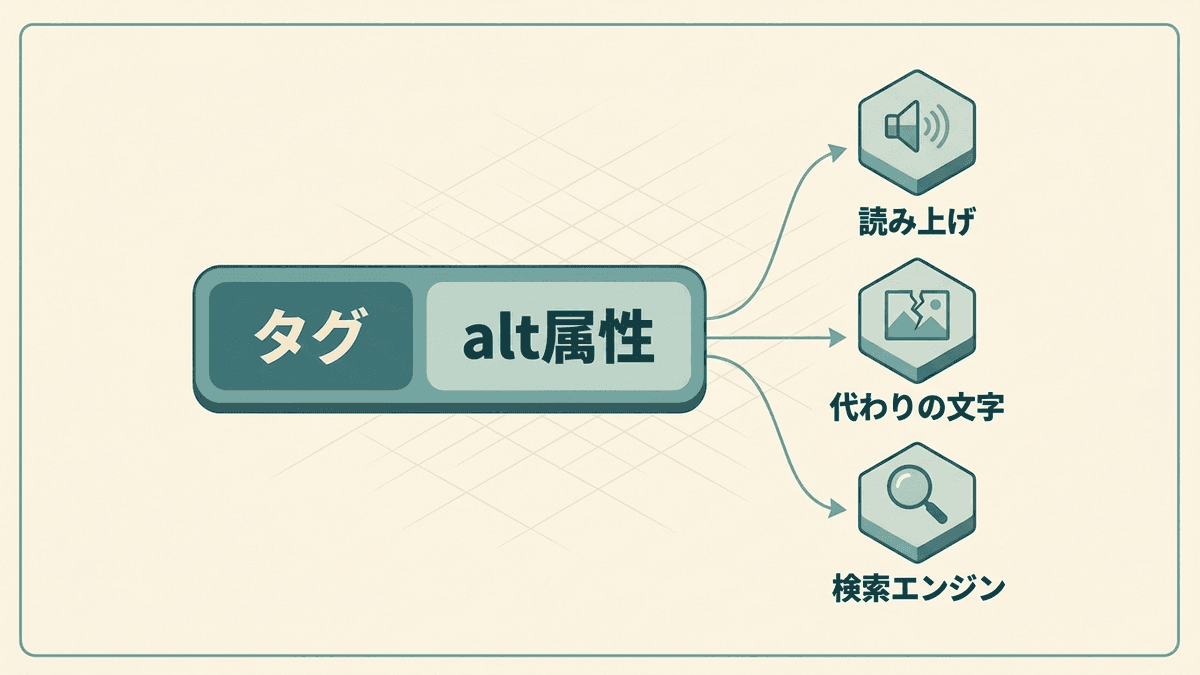 img要素の中でタグとalt属性の位置を示し、altの文が使われる3つの場面へつないだ図