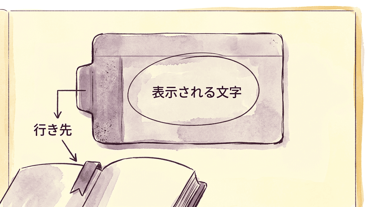1本のaタグの中でアンカーリンクとアンカーテキストが受け持つ部分を示す図