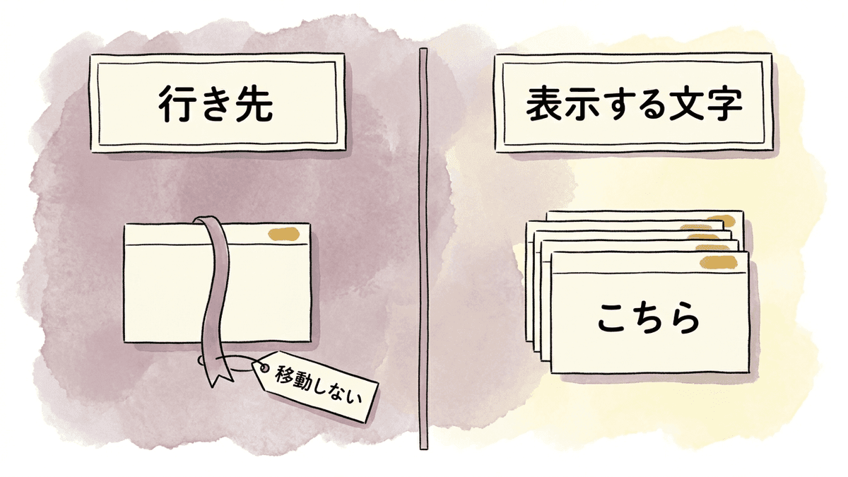 アンカーリンクで起きる問題を行き先の問題と表示する文字の問題に分けた図