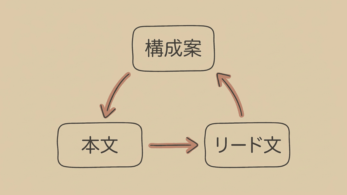 構成案から本文とリード文が作られる順序を示した図