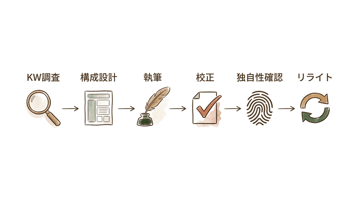 記事作成の6工程と対応するツール種別の工程マップ
