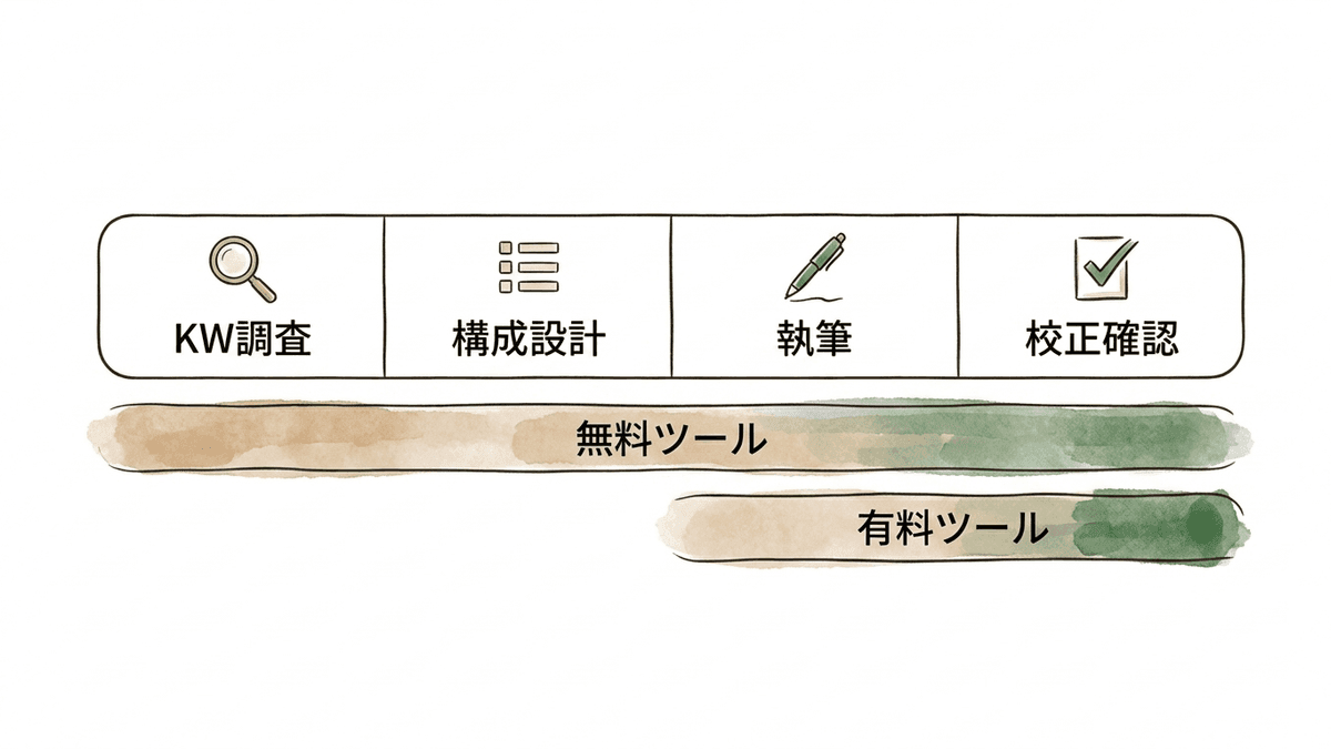 無料ツールと有料ツールの守備範囲を工程の帯に重ねた図