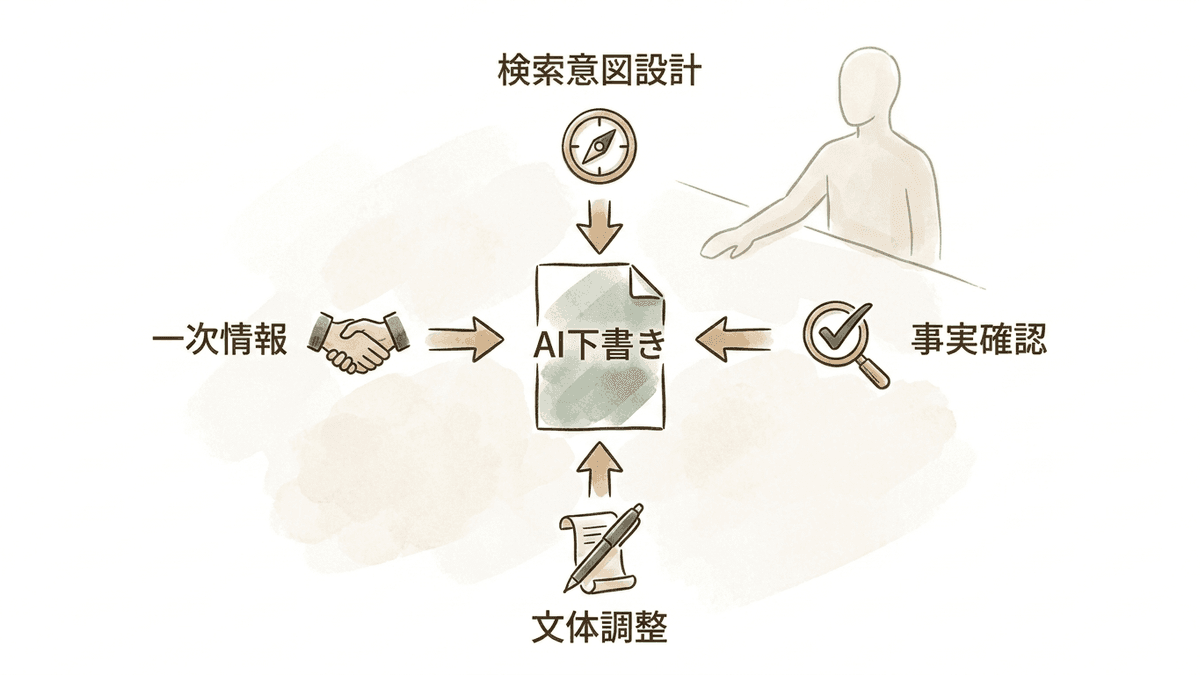 AIの下書きに人が4つの要素を書き加えて仕上げる分担図