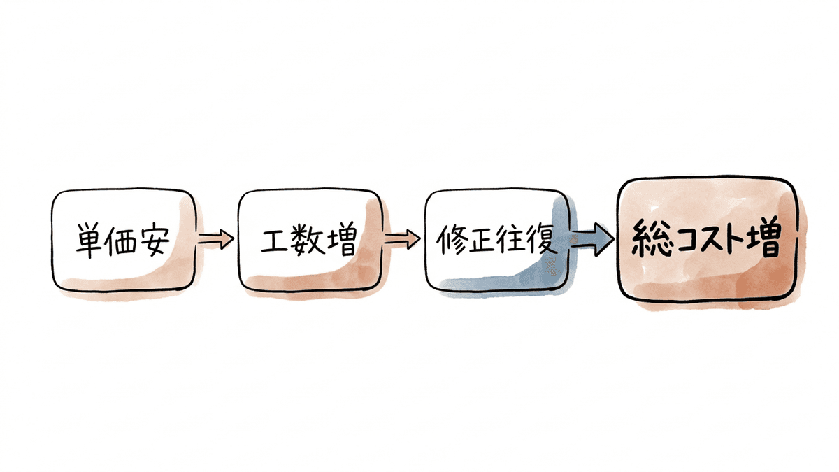 単価の安い外注が総コストで高くつく仕組みの図