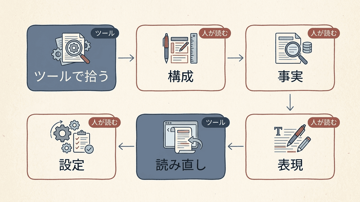 記事を公開するまでの校正の6つの段階を示したフロー図