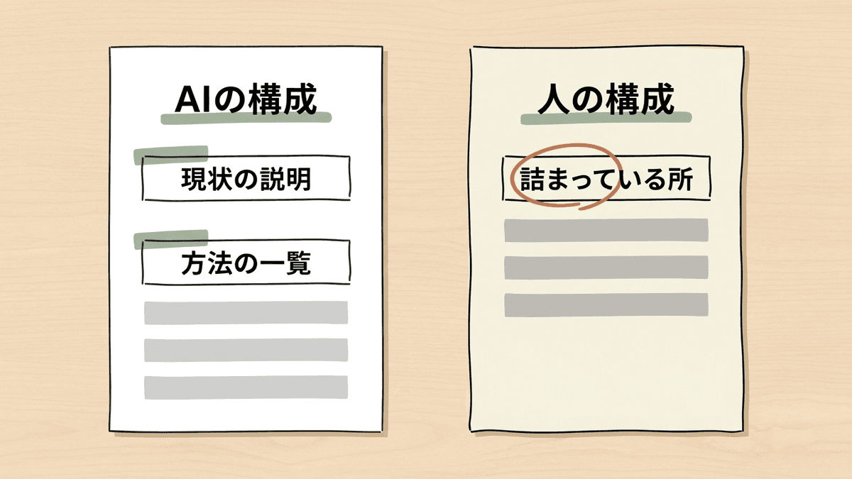 テーマだけを渡したAIの構成と、読者の状況から人が作った構成の最初の見出しの違いを並べた図