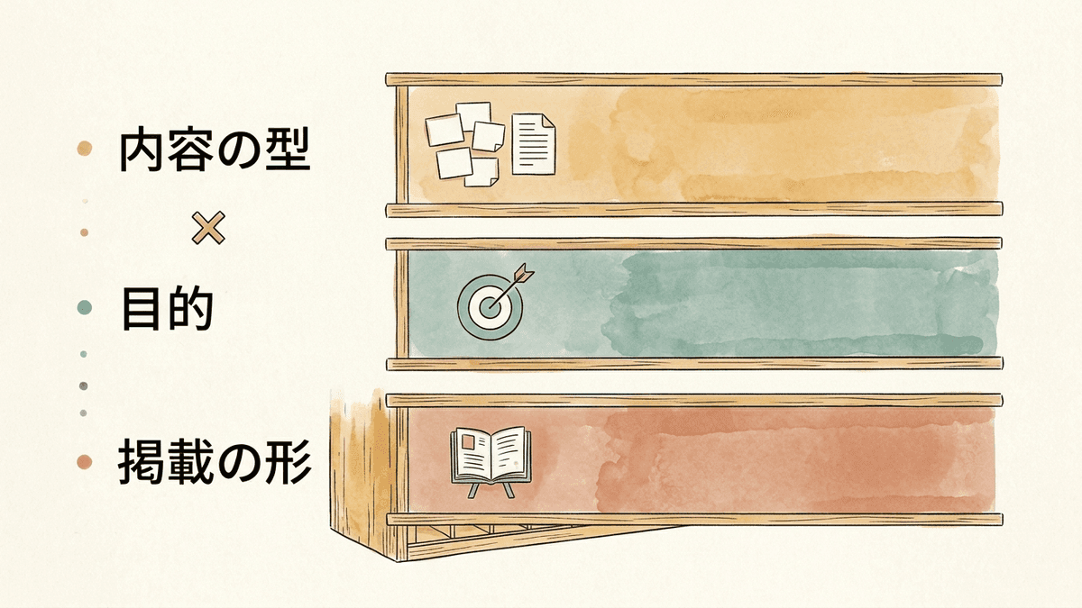 記事の種類を内容の型・目的・掲載の形という3つの層に分けて整理した図