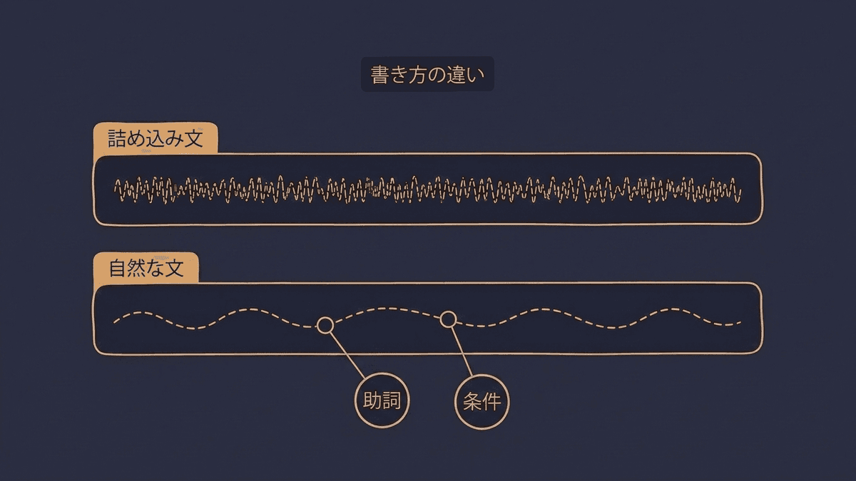キーワードを並べただけの文と、助詞や条件を省略せずに書いた文を並べて比較した図