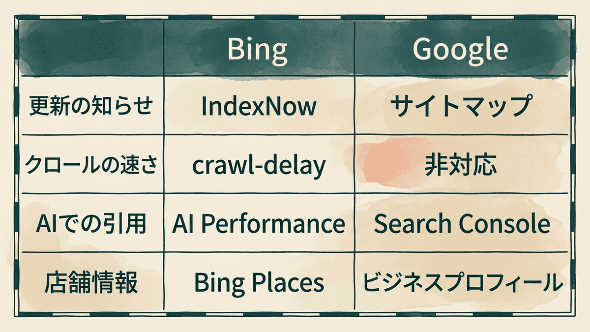 BingとGoogleのSEOの4つの違いを並べた図