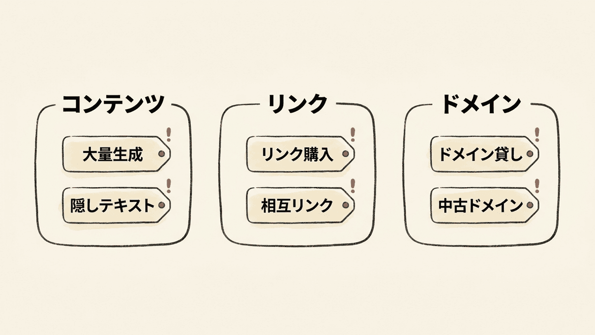 ブラックハットSEOの手法をコンテンツ、リンク、ドメインの3群に分類した図