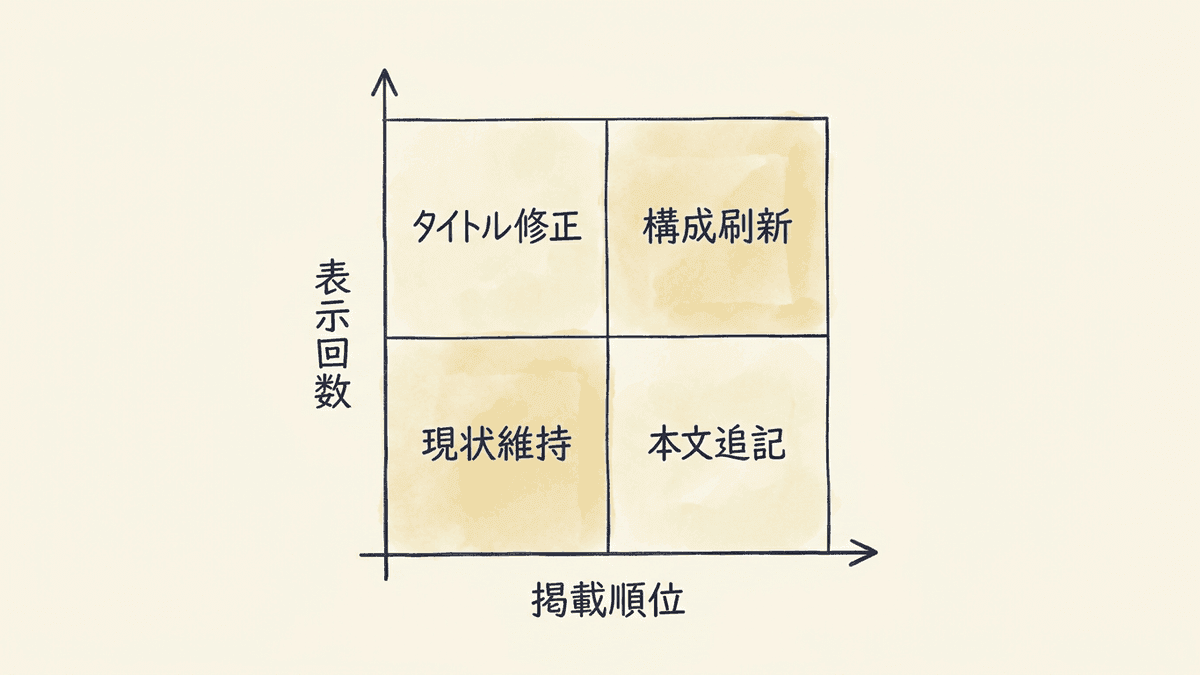 表示回数と掲載順位とクリック率の組み合わせで改善策が決まることを示した図
