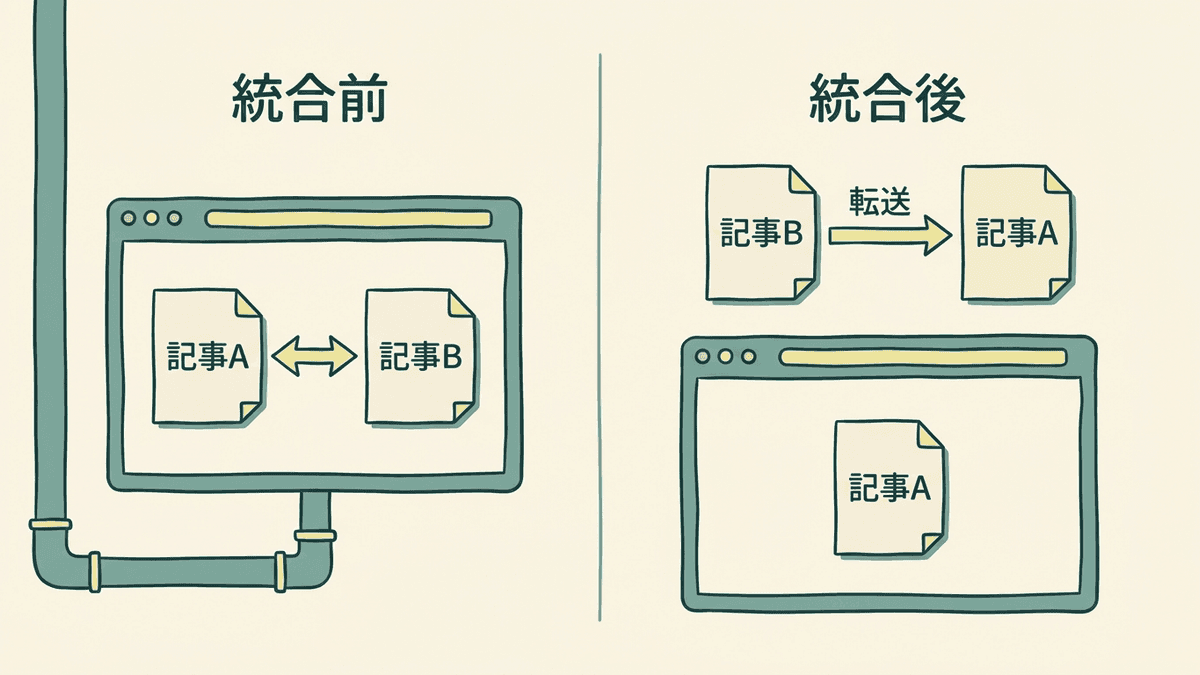 自社の2本の記事が同じKWで表示されている状態と、1本にまとめて転送した後を比べた図
