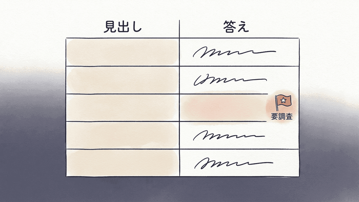 見出しごとに答えを一文で書き添えた記事構成表の例
