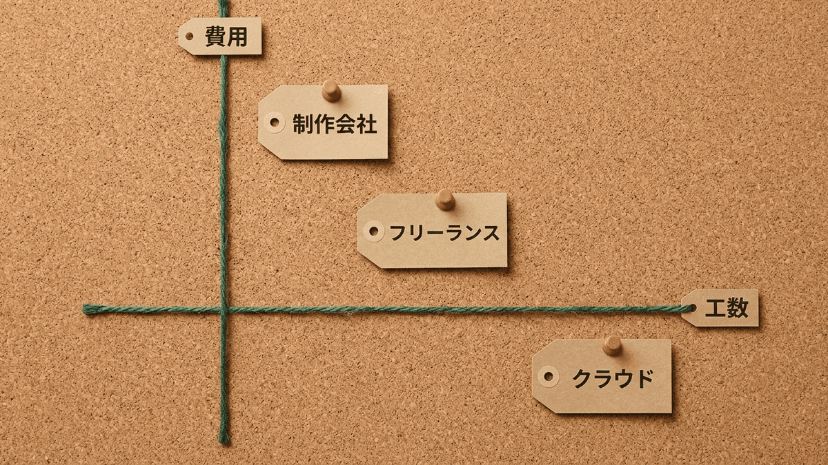 外注先を費用と管理工数の2軸で位置づけたマトリクス図