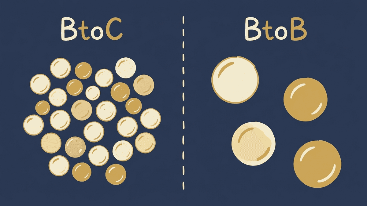 BtoBとBtoCで読者の母数と一件あたりの価値が逆の関係にあることを示す対比図