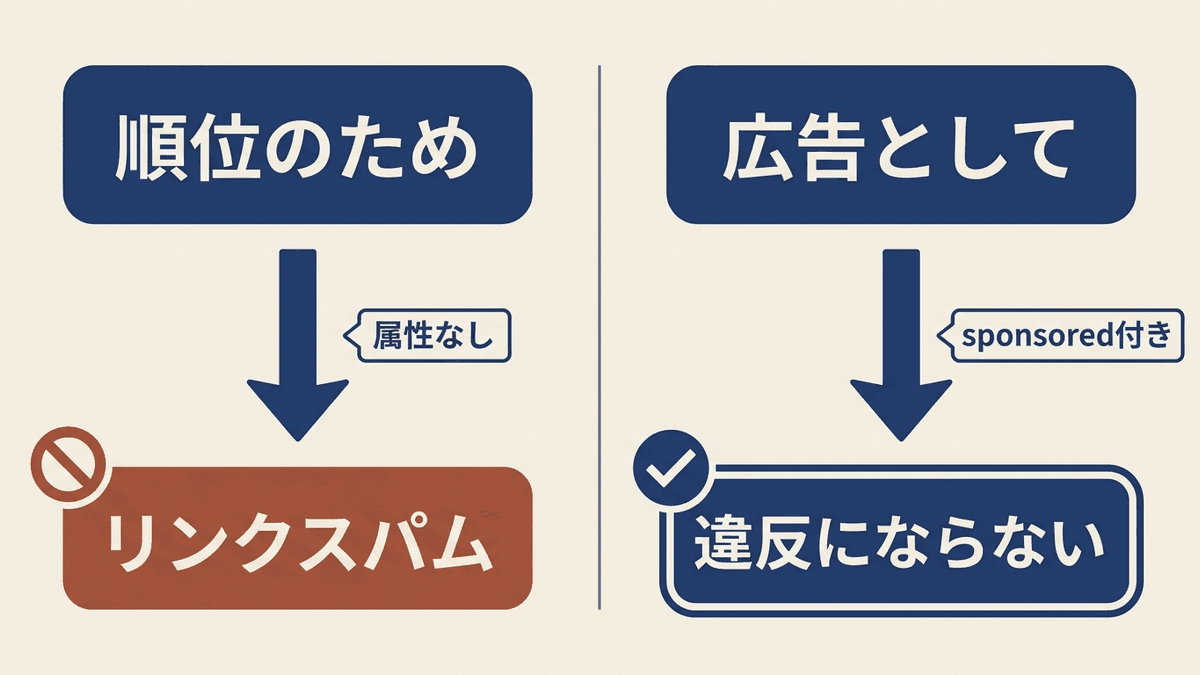 順位のために買うリンクと、広告として買うリンクの扱いの違いを示した図