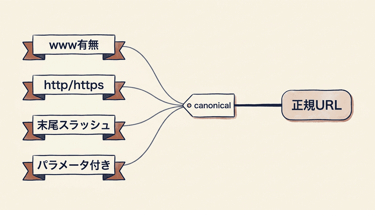 複数の異なるURLがcanonicalによって1つの正規URLに集約される流れの図