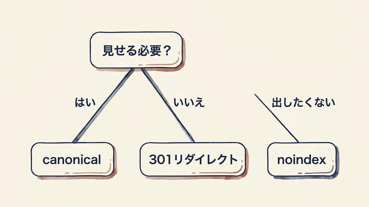 canonicalと301リダイレクトとnoindexの使い分けを判断する分岐図