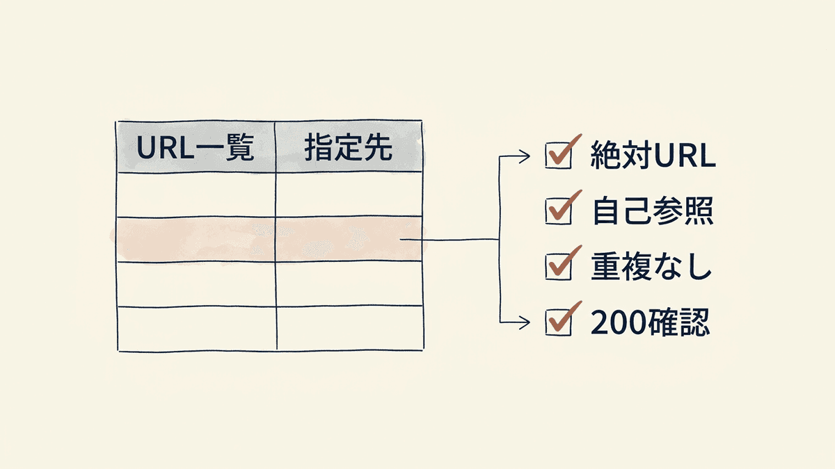 公開前にcanonicalを一覧で検査する4つのチェック項目を並べた図