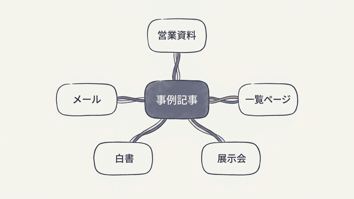 公開した事例記事を営業資料やメール、一覧ページへ展開する流れの図