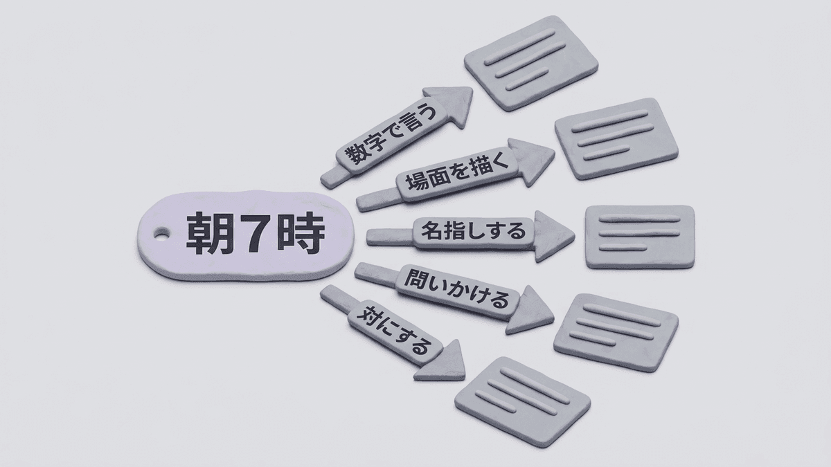 印を付けた1つの語から型ごとに別の案ができる様子の図