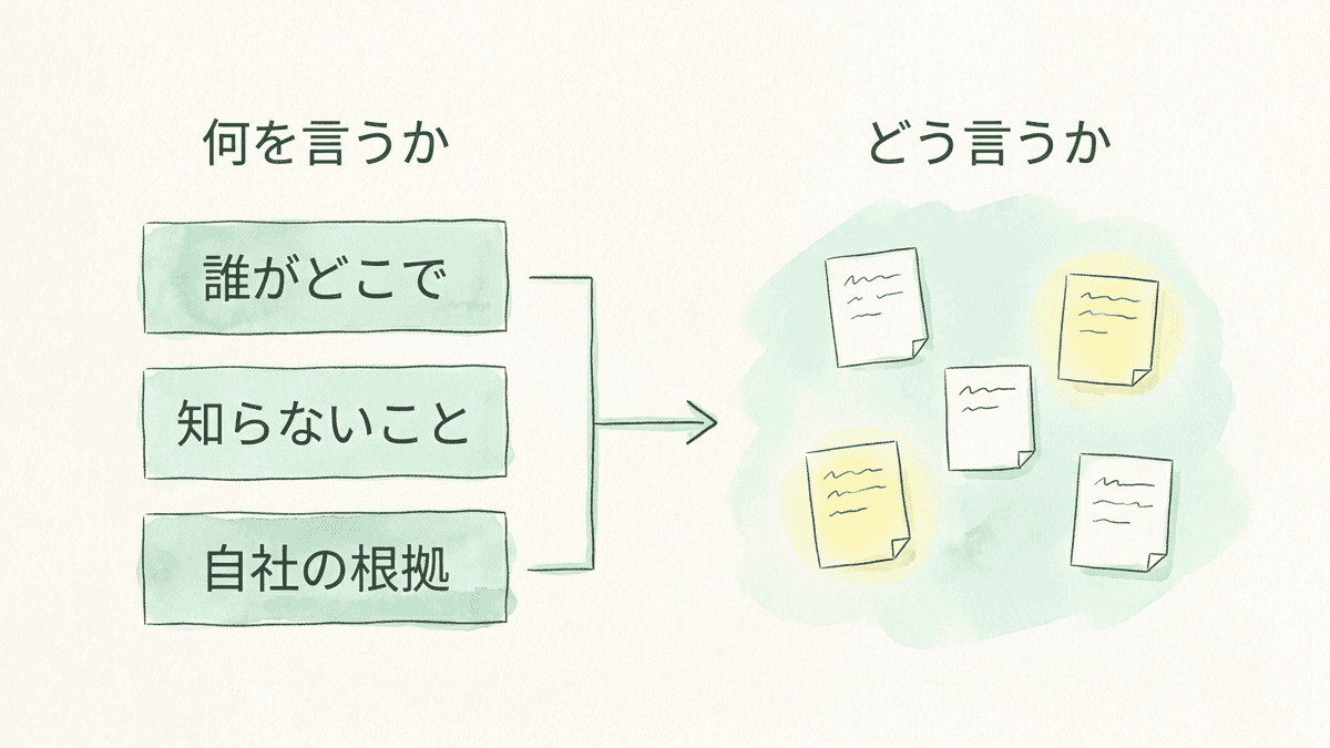 何を言うかを決めてから、どう言うかを選ぶ2段階の流れ図