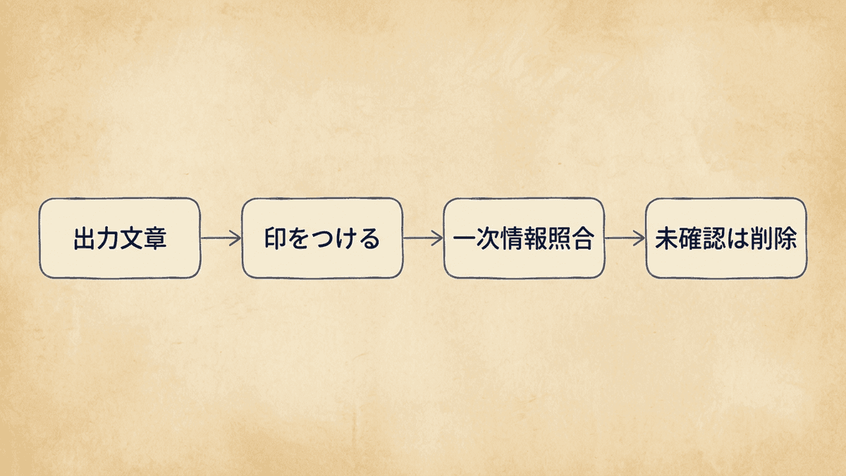 出力から事実の主張を抜き出して一次情報と照合する確認工程のフロー