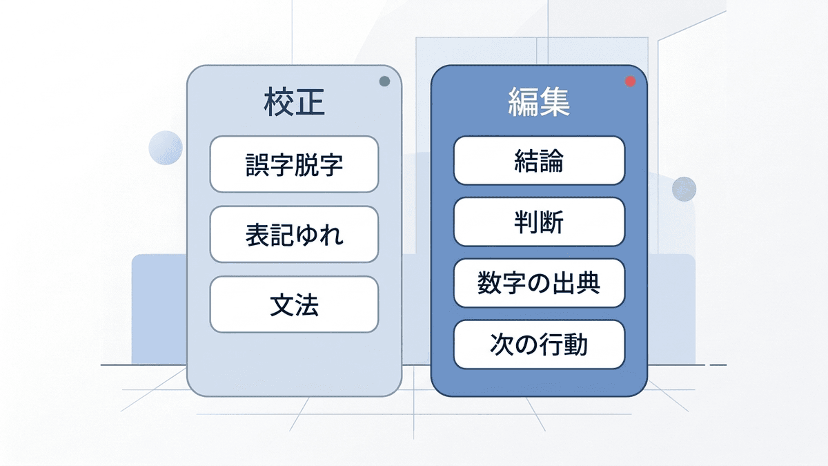 AI原稿の校正で見る所と、編集で見る所を並べた比較図