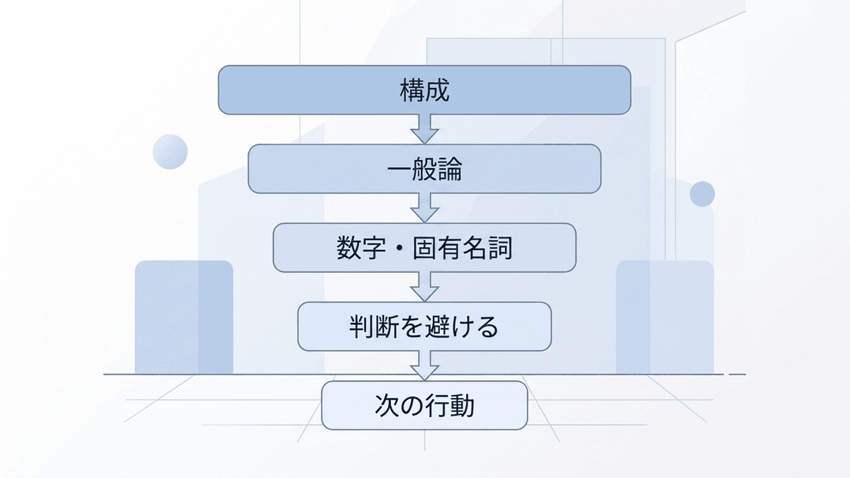 AI記事の5つのチェック項目を、見る順番に並べた流れ図