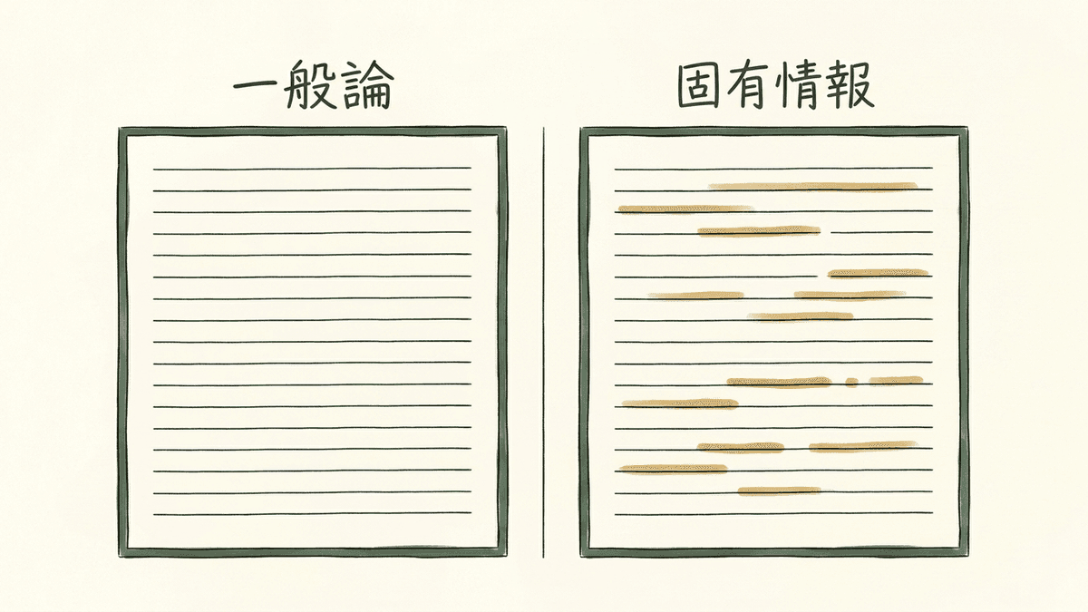 AIの出力そのままの文章と、固有名詞や条件を加えた文章の対比