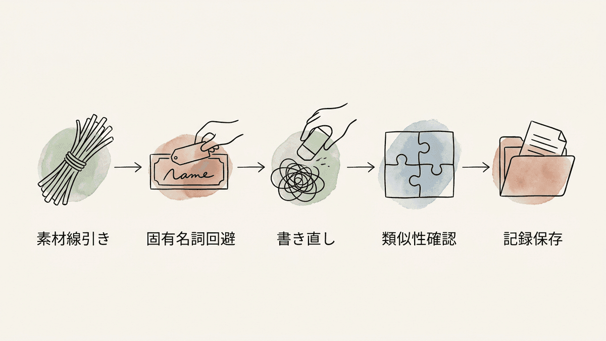 ChatGPTで作った原稿を公開するまでの確認手順を5段階で示したフロー図