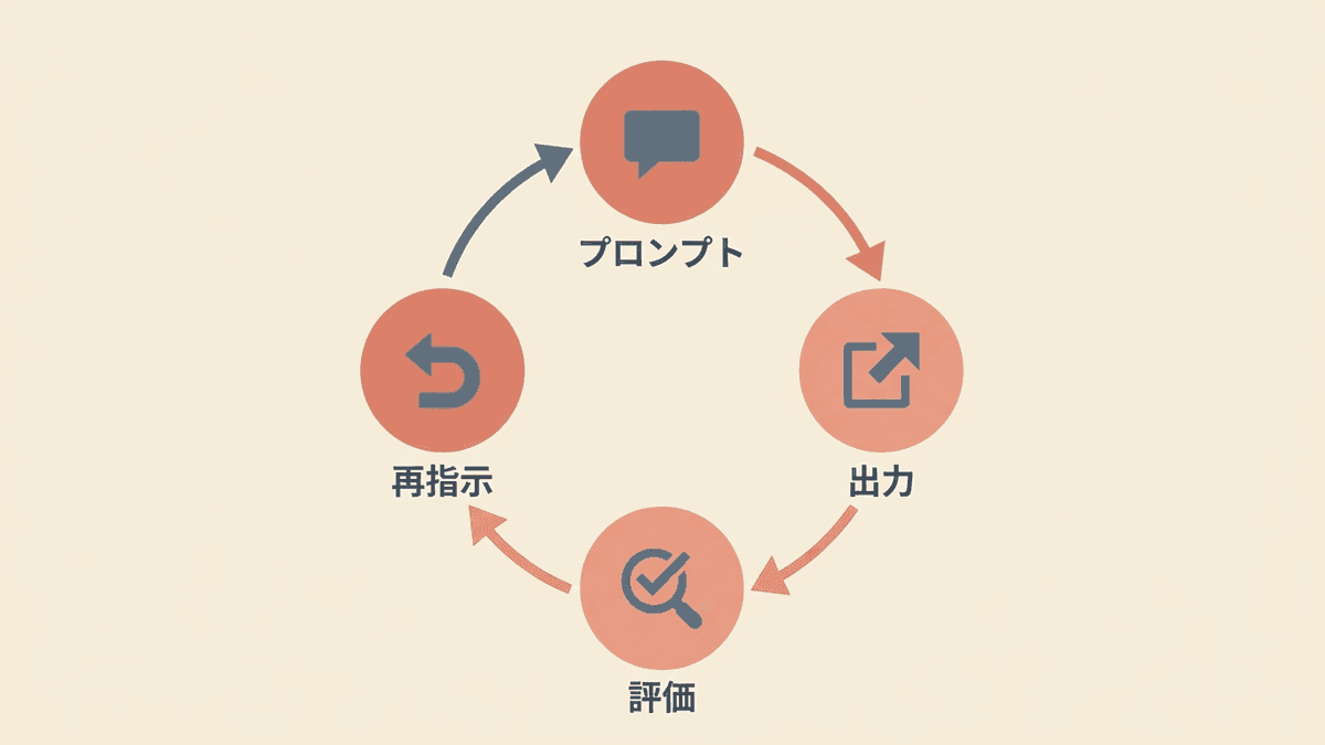 プロンプトから出力・評価・再指示へと循環する壁打ちのフィードバックループ図