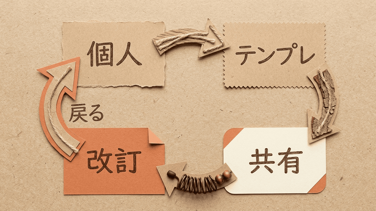 個人のプロンプトがテンプレートとして共有され改訂されていく循環を示した図