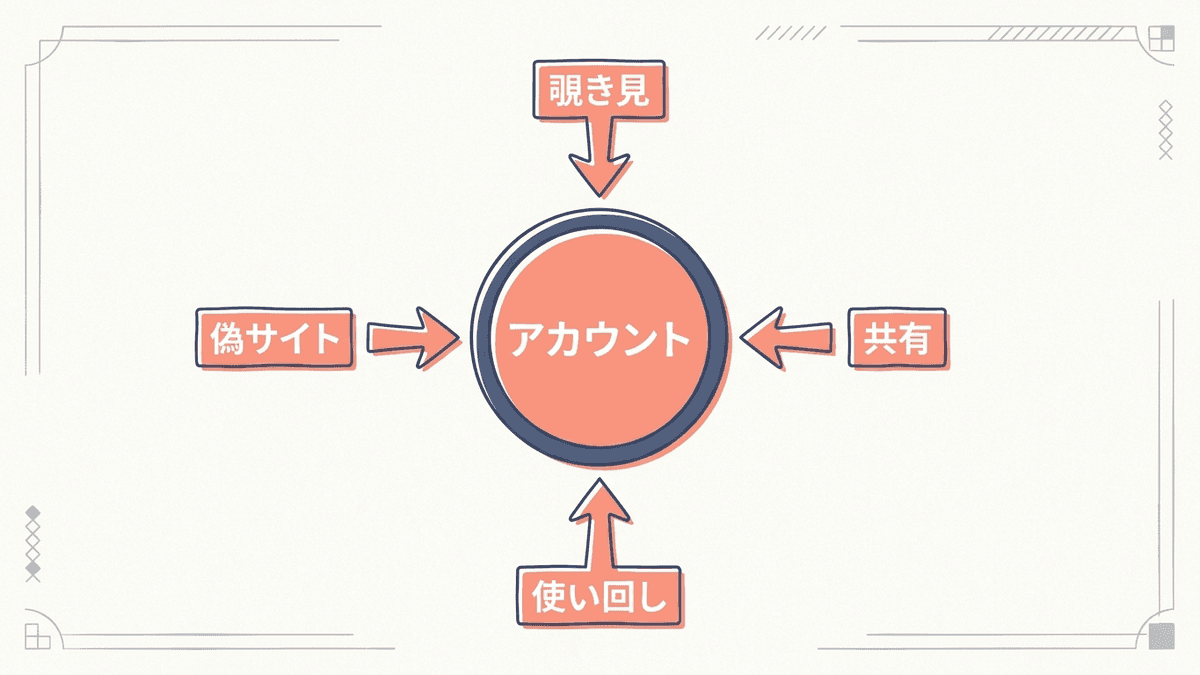 アカウント側から情報が漏れる4つの経路を示した図解
