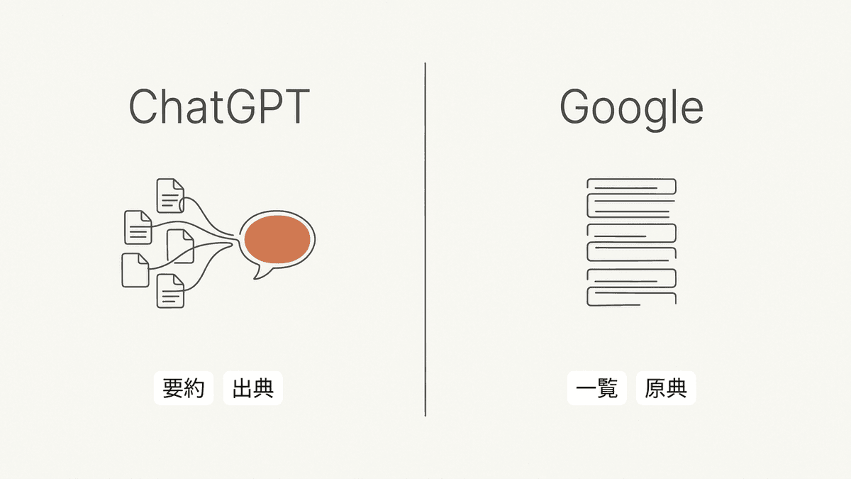 ChatGPTの検索とGoogle検索の回答の型を対比した図