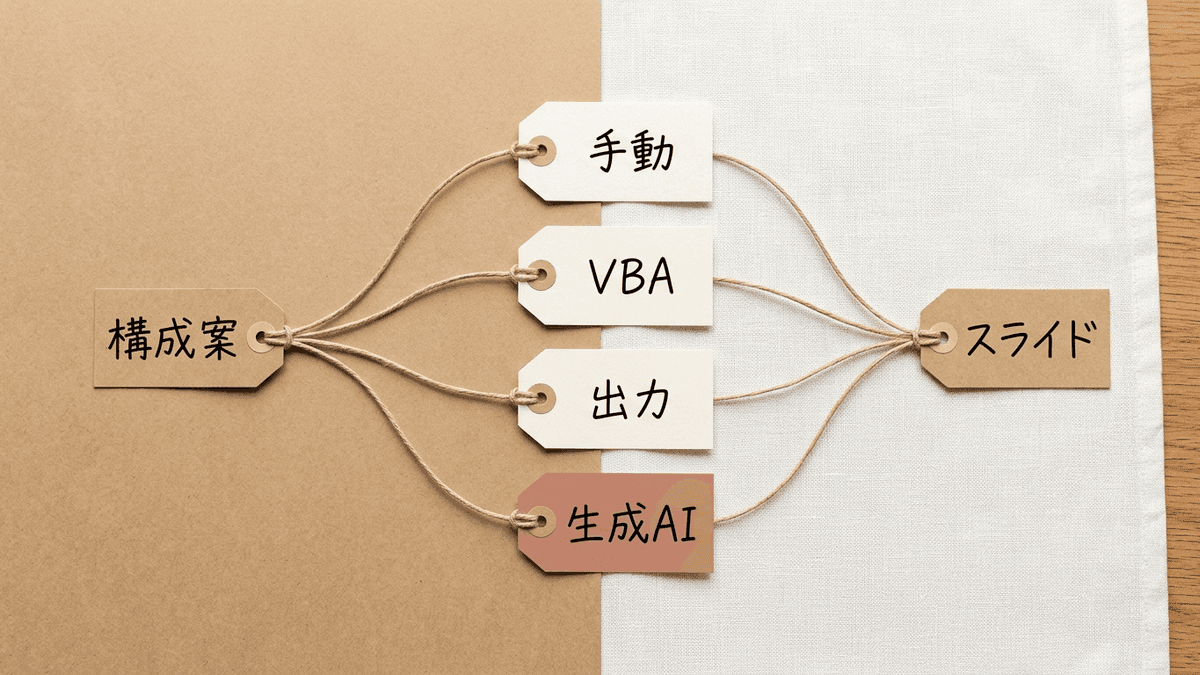 ChatGPTの出力をスライドにする4つの方法の流れ図