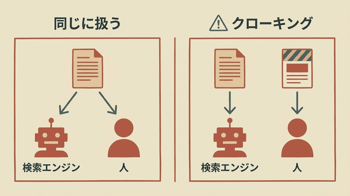 同じ条件の人とGooglebotに同じページを返す出し分けとクローキングの比較図