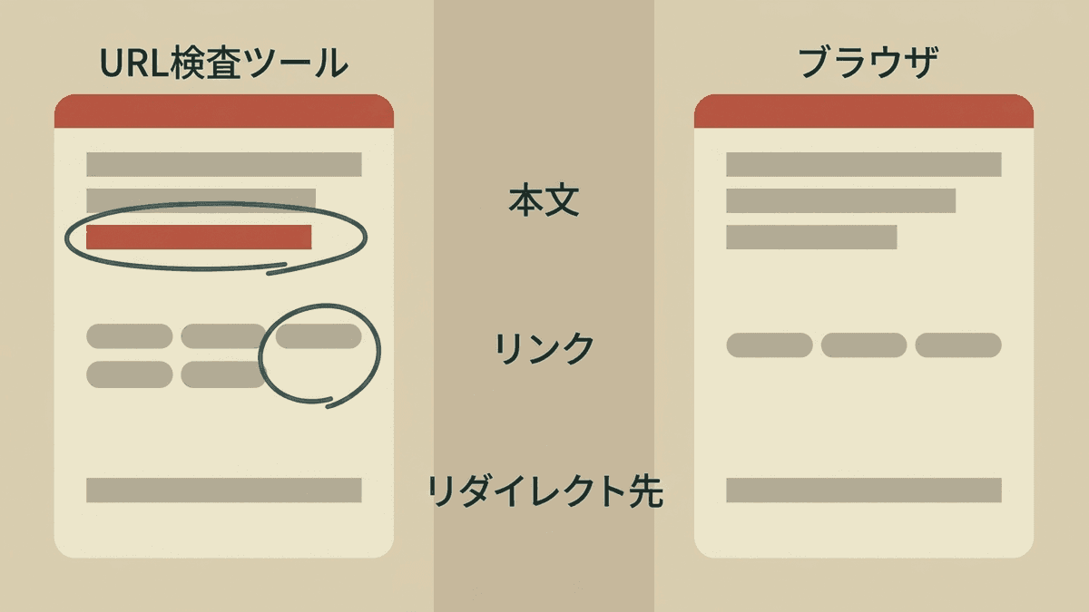 URL検査ツールで見たHTMLとブラウザで見たページを並べて比べる図