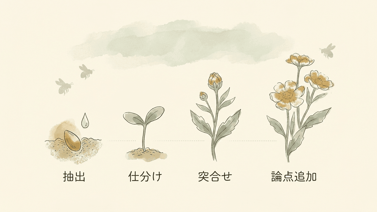 共起語を抽出してから記事構成に反映するまでの流れ図
