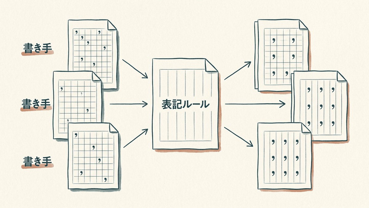 表記ルールの1行で複数の書き手の原稿の読点がそろう様子を示す図