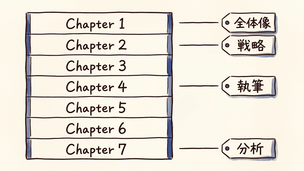 1冊の本の目次の章と、4つの段階の札を線で結んだ図