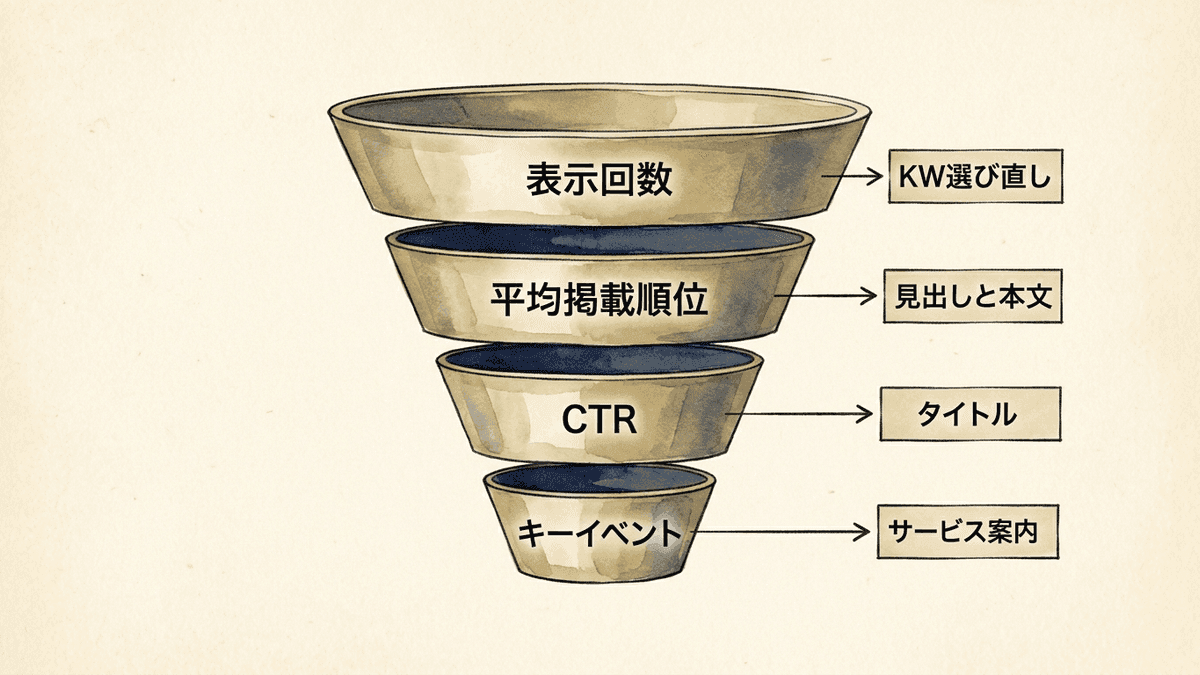 表示回数から問い合わせまでの4つの段階と、段階ごとの直す場所を示した図