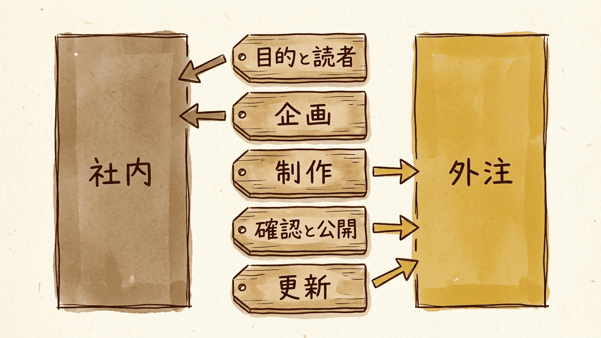 5つの工程を、社内が持つ部分と外注できる部分に振り分ける図
