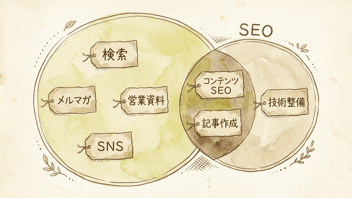 コンテンツマーケティングとSEOが扱う範囲と、2つが重なるコンテンツSEOを示した図