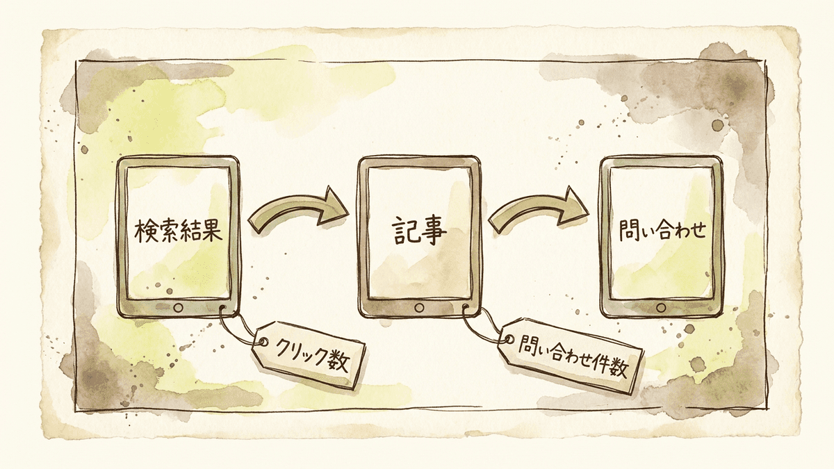 検索結果からサイト、問い合わせまでの2つの段階と、段階ごとに数える数字を示した図