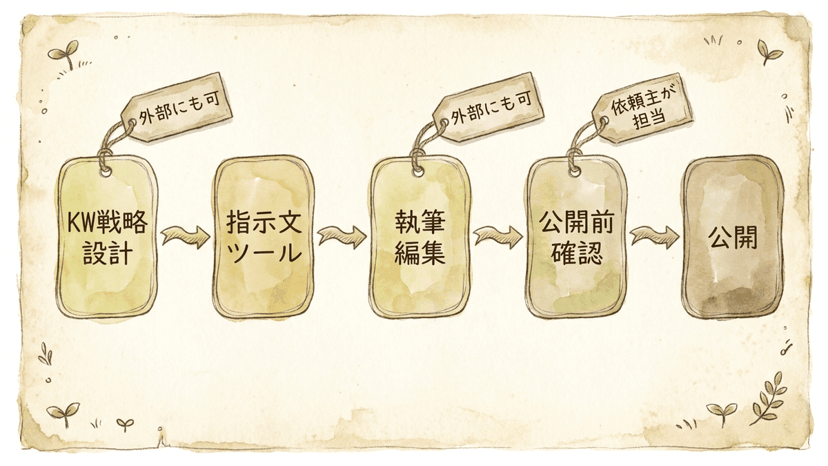 KW戦略設計から公開までの流れと、工程ごとに担う人を示した図