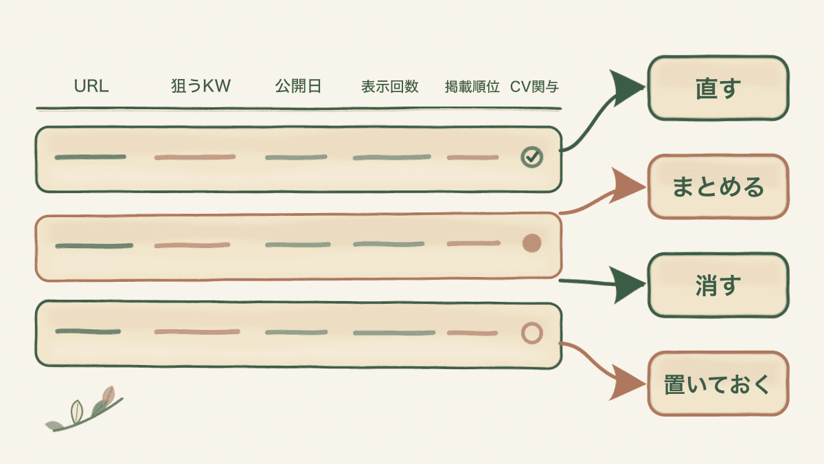 公開済みコンテンツの棚卸し表の構成を示す図解