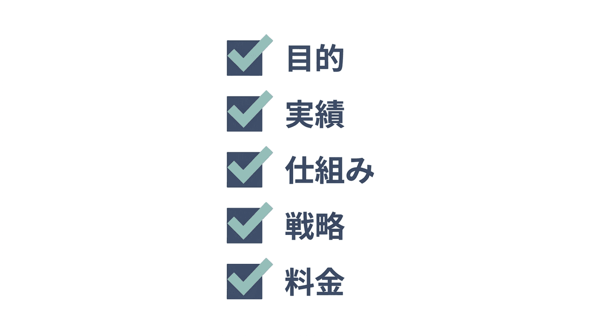 コンテンツSEO会社を選ぶ5つのチェックポイントを整理した図
