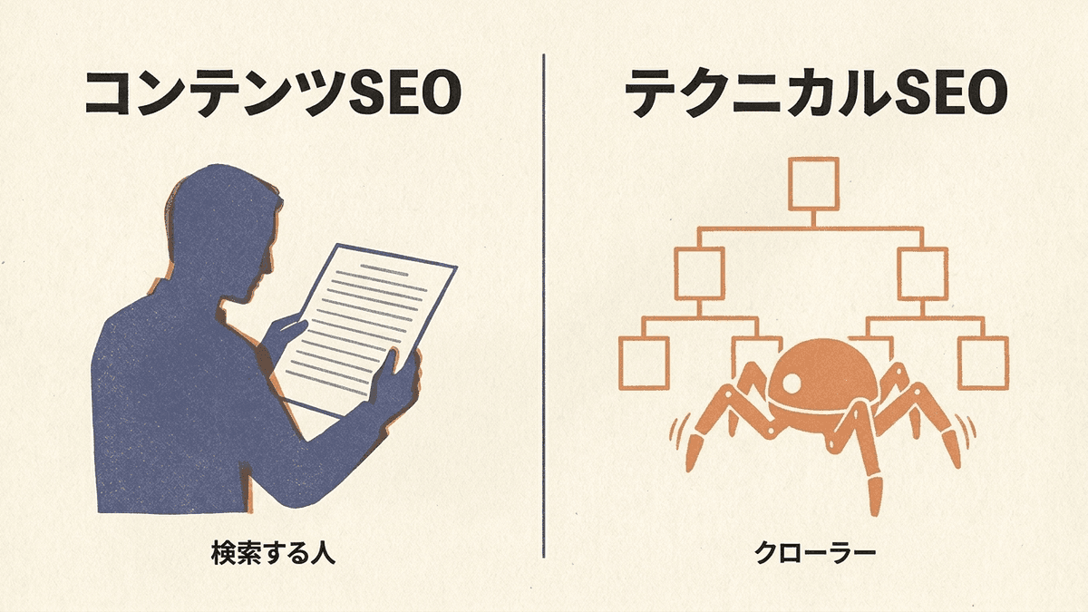コンテンツSEOは検索する人に向けて記事の中身を整え、テクニカルSEOはGoogleのクローラーがページを読める状態を整えることを対比した図